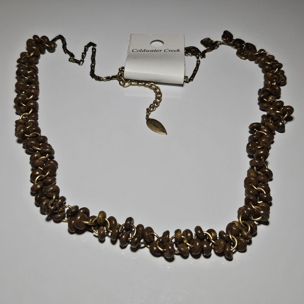 Coldwater Creek Gold Tone Brown Wood Rings Rope Necklace 30-33" NWT